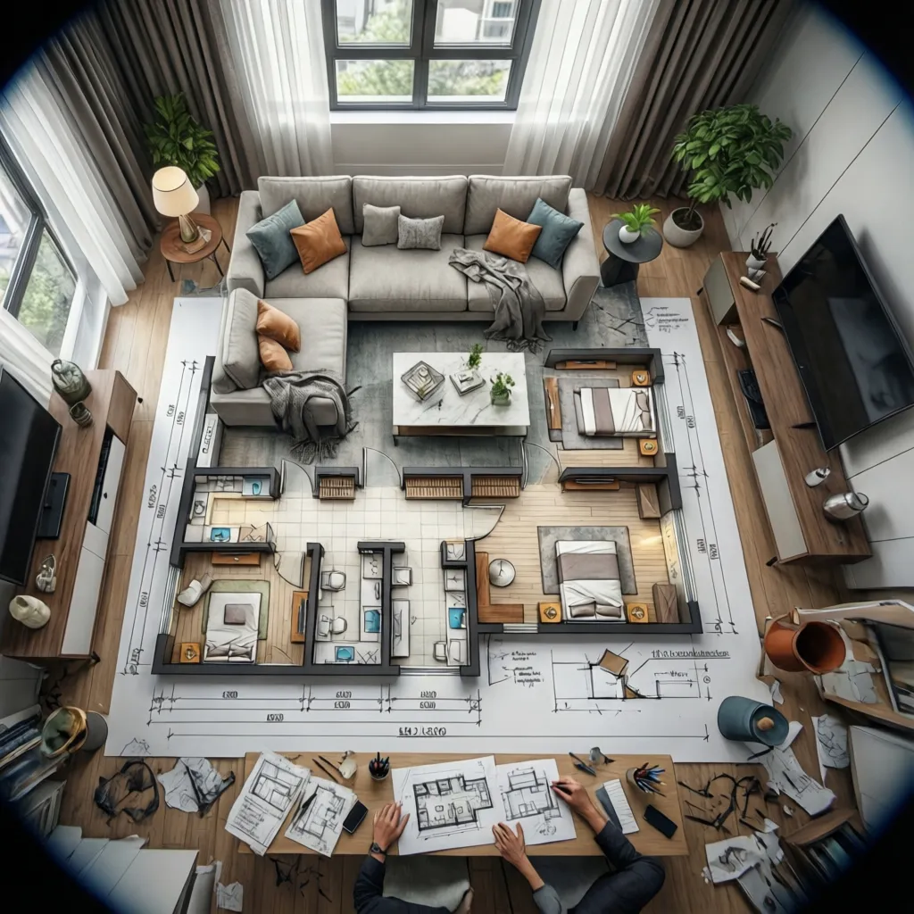 Plano de distribución de salón con diferentes configuraciones de muebles