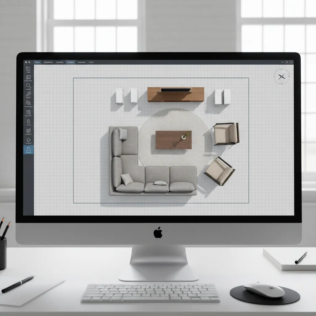 Plano digital de distribución de un salón con muebles
