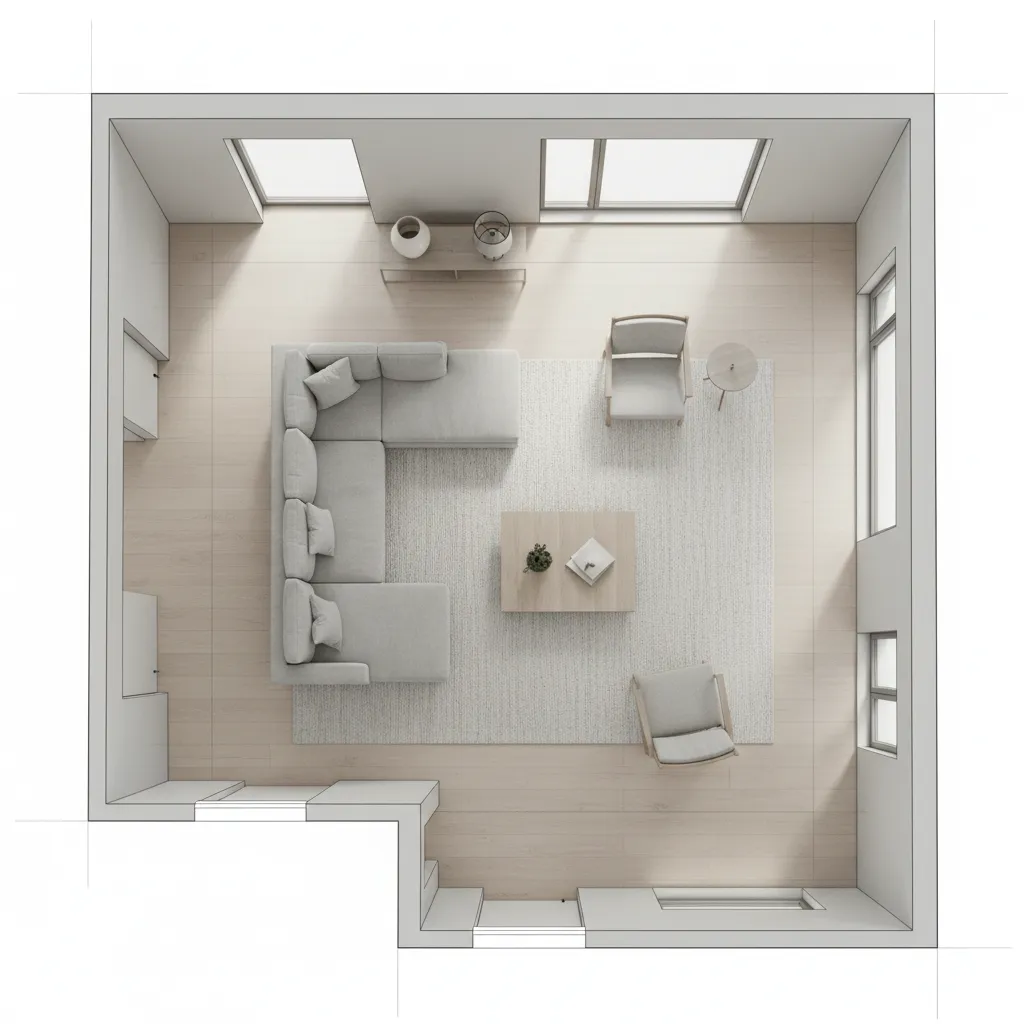 Top down interior design drawing of living room layout with grey sofa rug and chairs