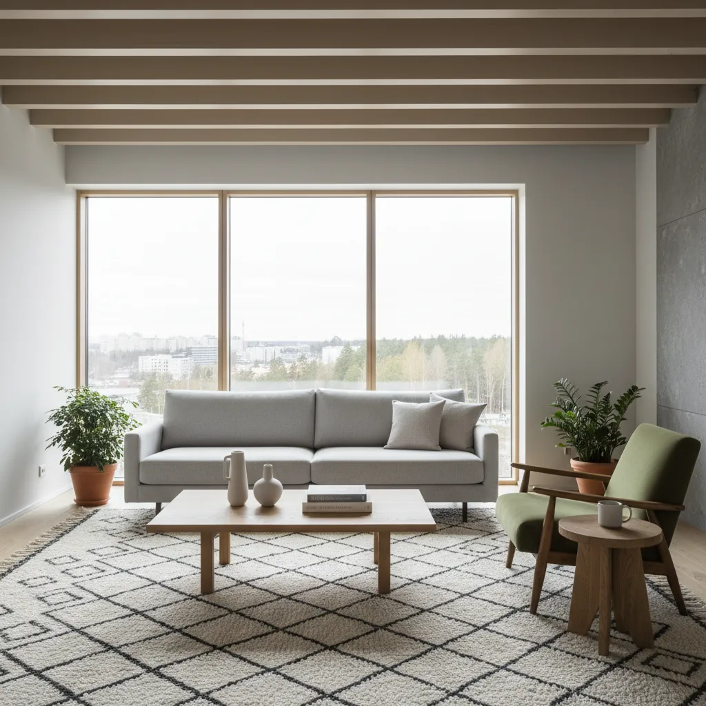 Modern living room with grey sofa wooden coffee table green chair patterned rug and windows