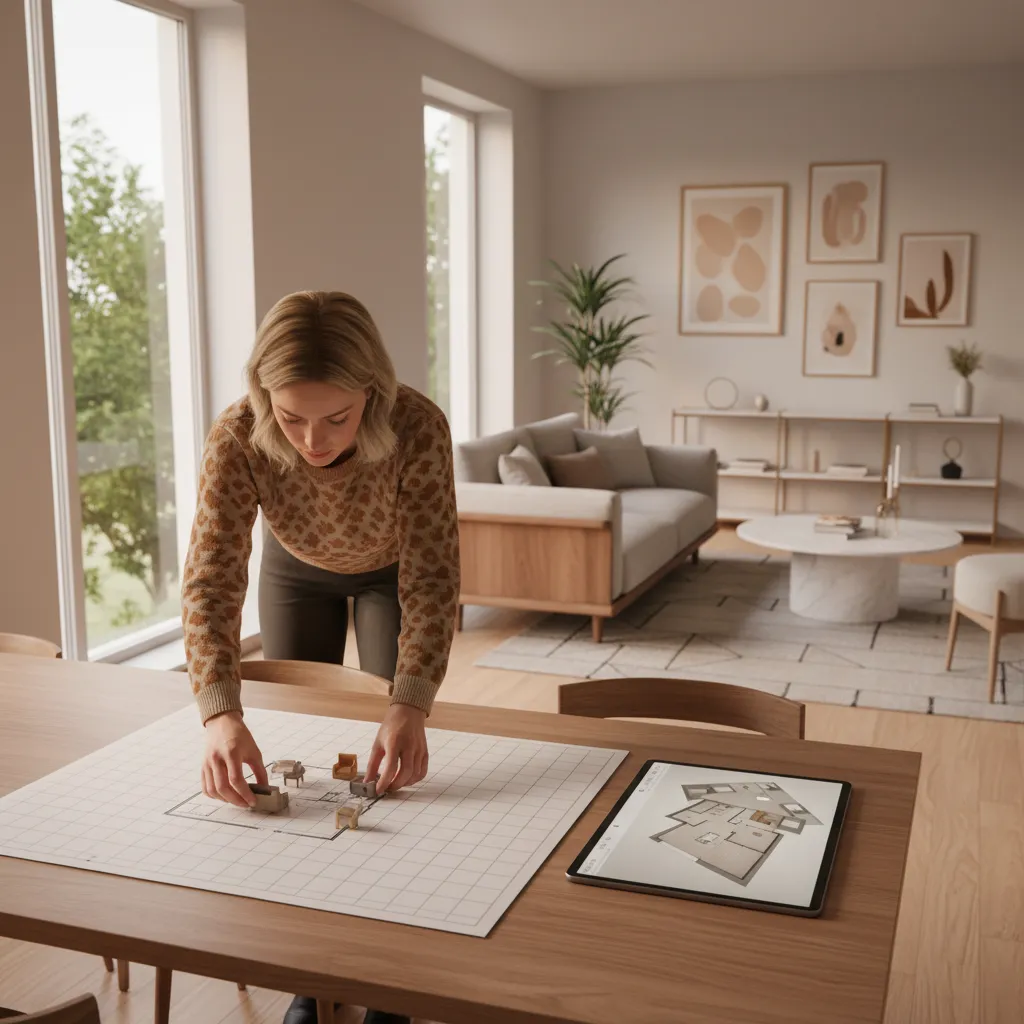 Planificación de distribución de muebles en un salón moderno