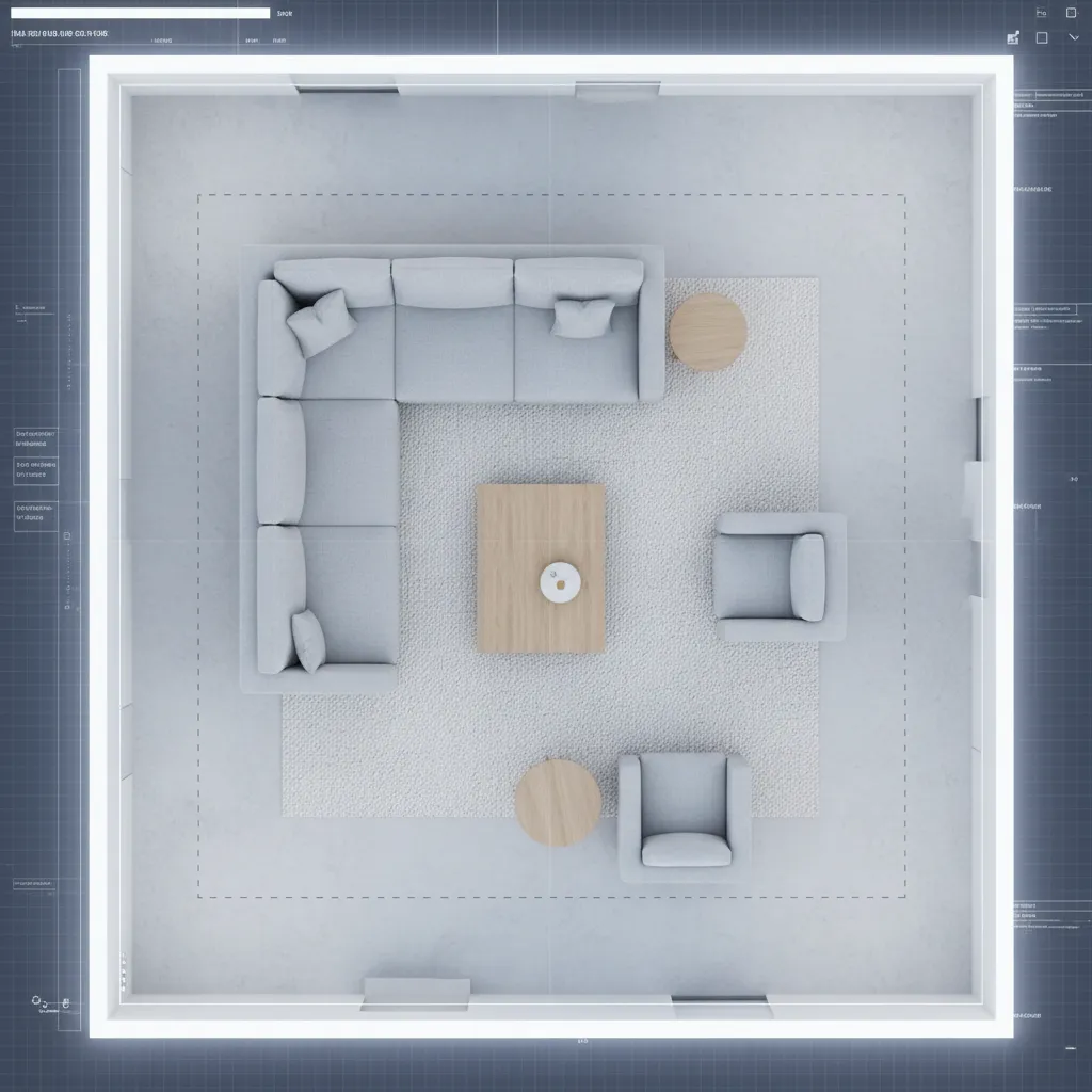 Top view of a room layout with a grey sofa two armchairs and coffee table