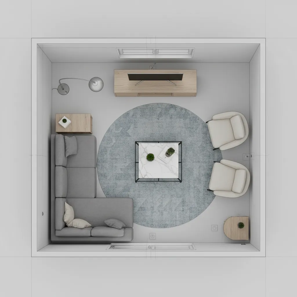 Plano digital de sala de estar con medidas y muebles colocados