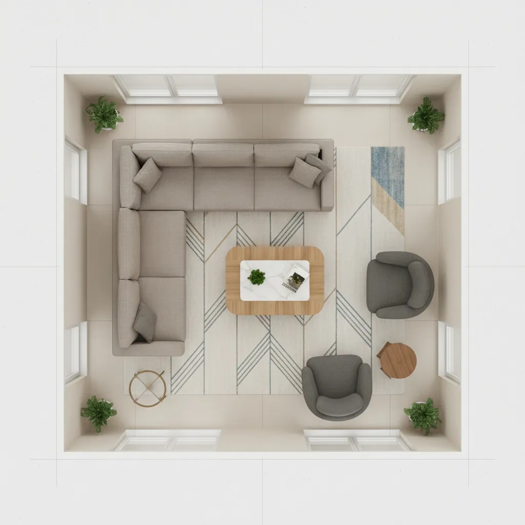 Distribución de muebles en un salón vista desde arriba mostrando circulación