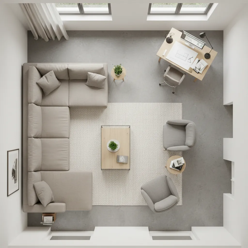 Plano de distribución de salón con muebles organizados correctamente