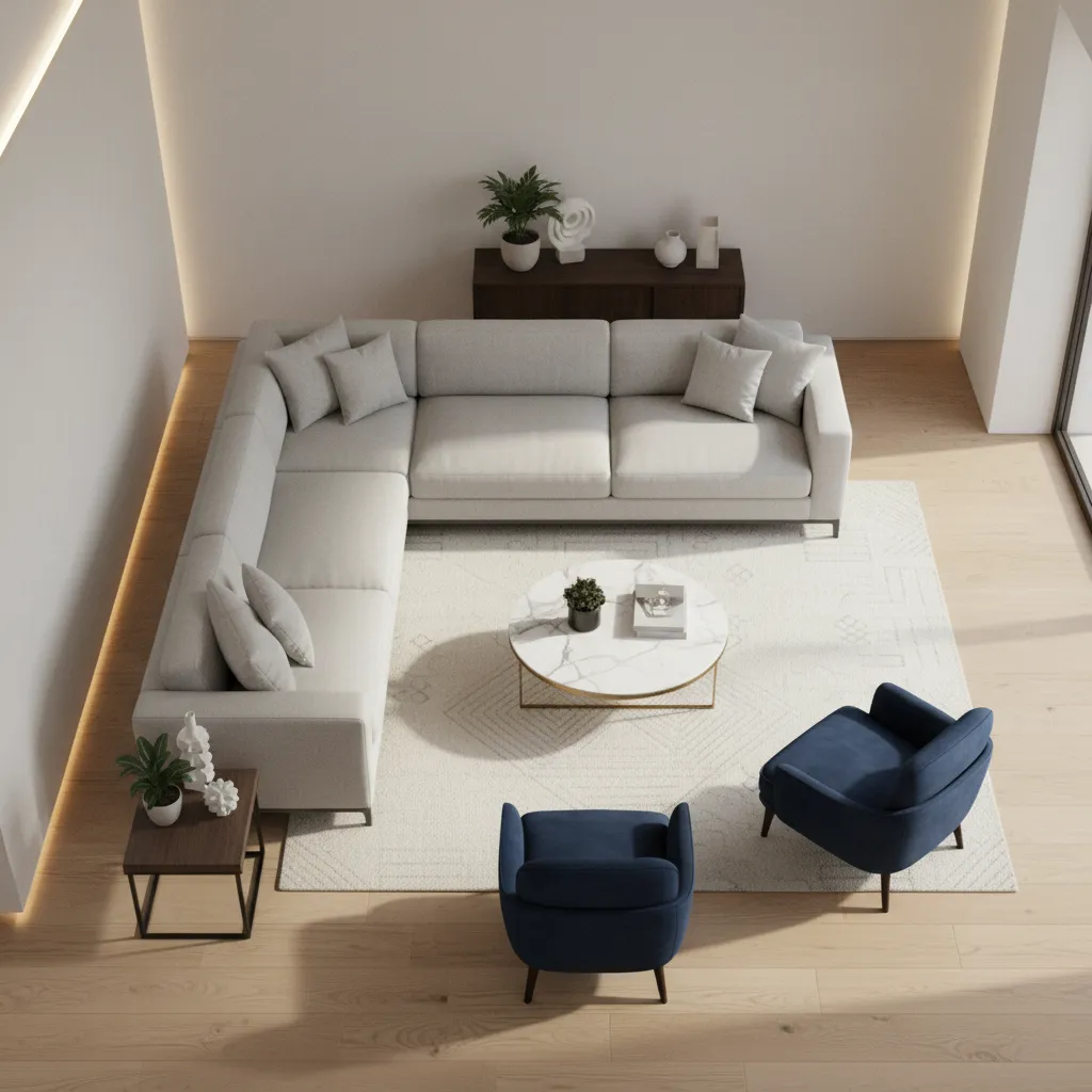 Vista superior de distribución de muebles en un salón