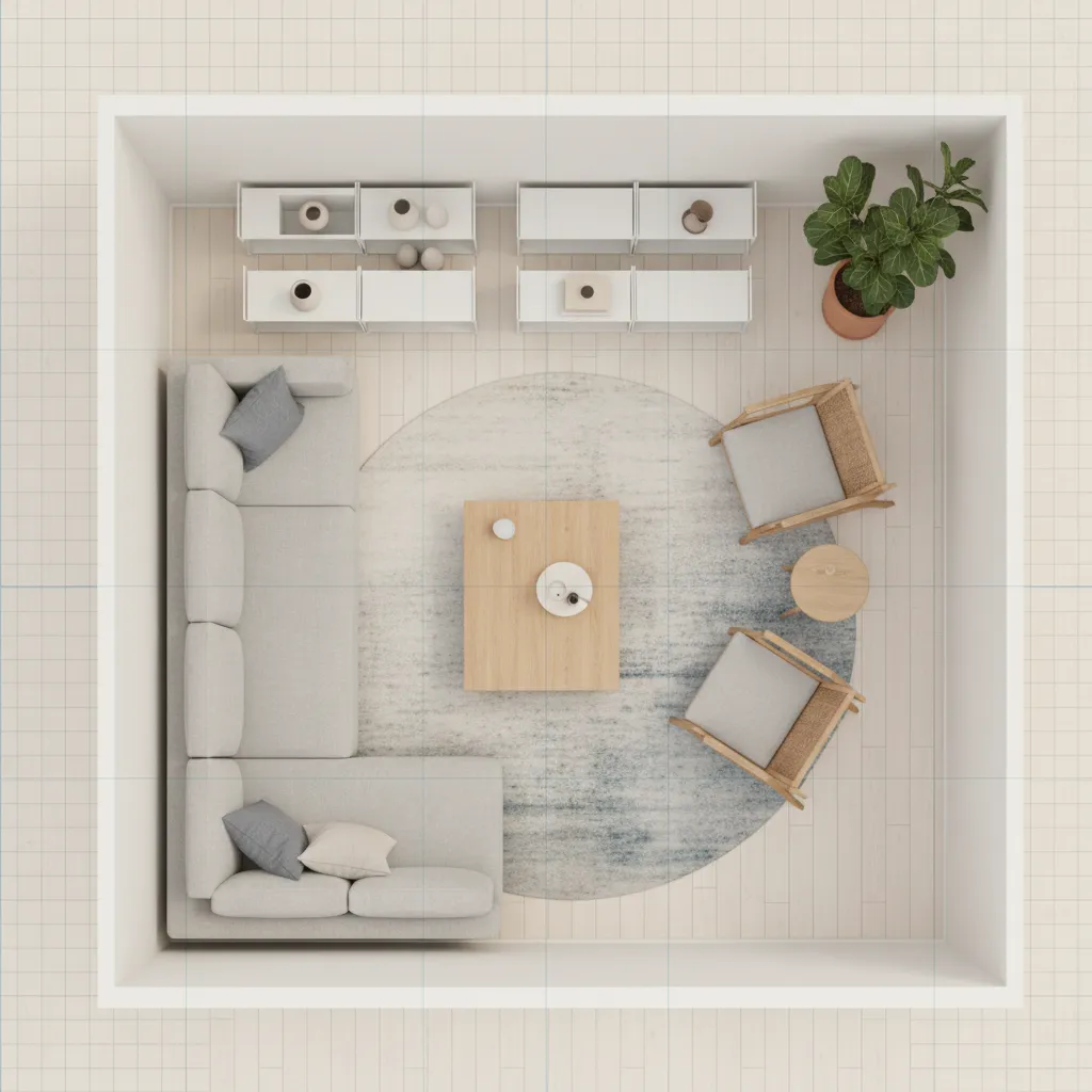 Plano digital de distribución de un salón con muebles