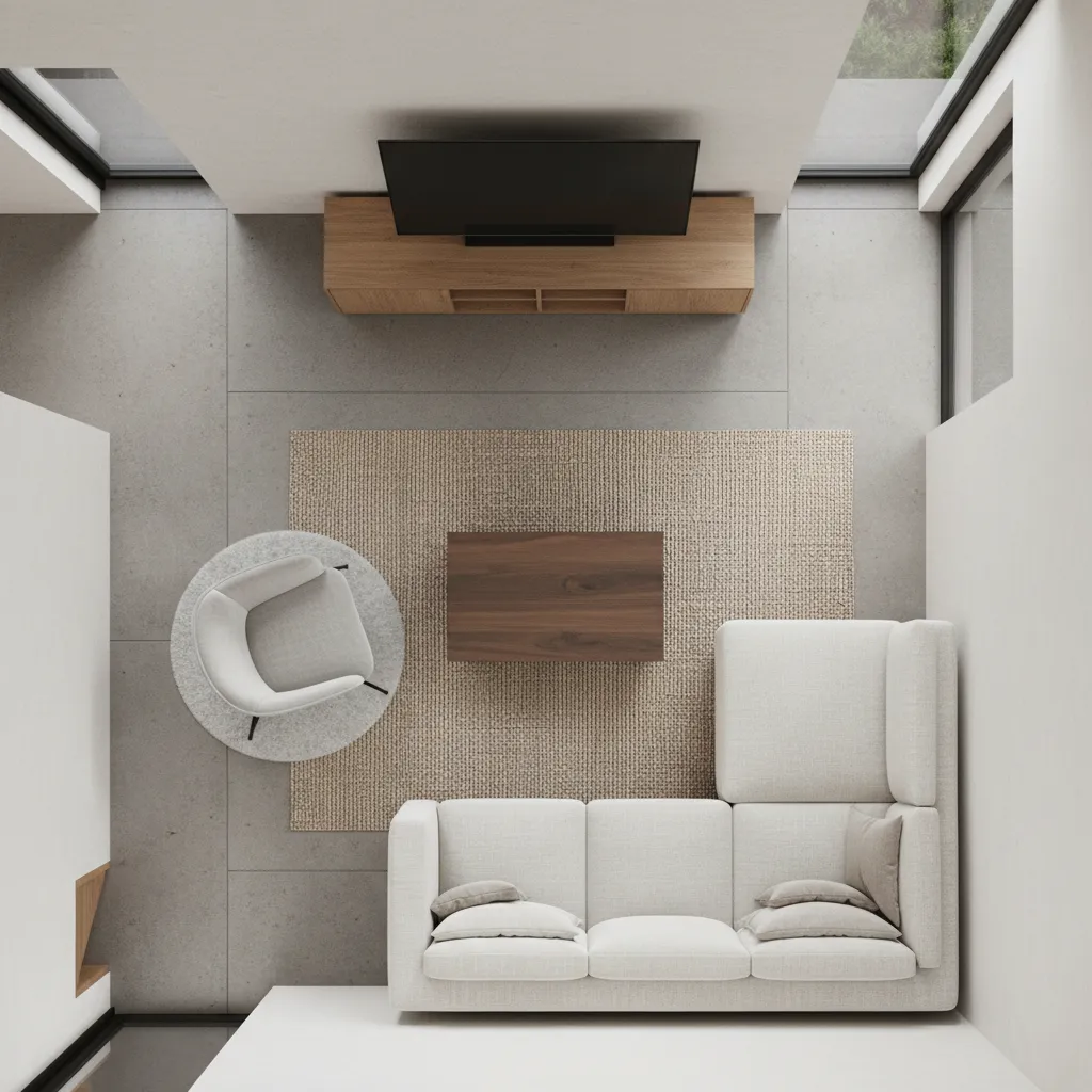 top view layout planning for 10 x 13 living room showing seating and walkways
