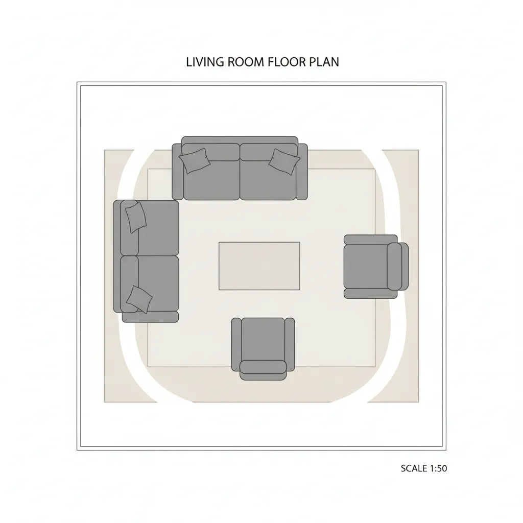 Top view floor plan diagram showing furniture placement in a living room layout