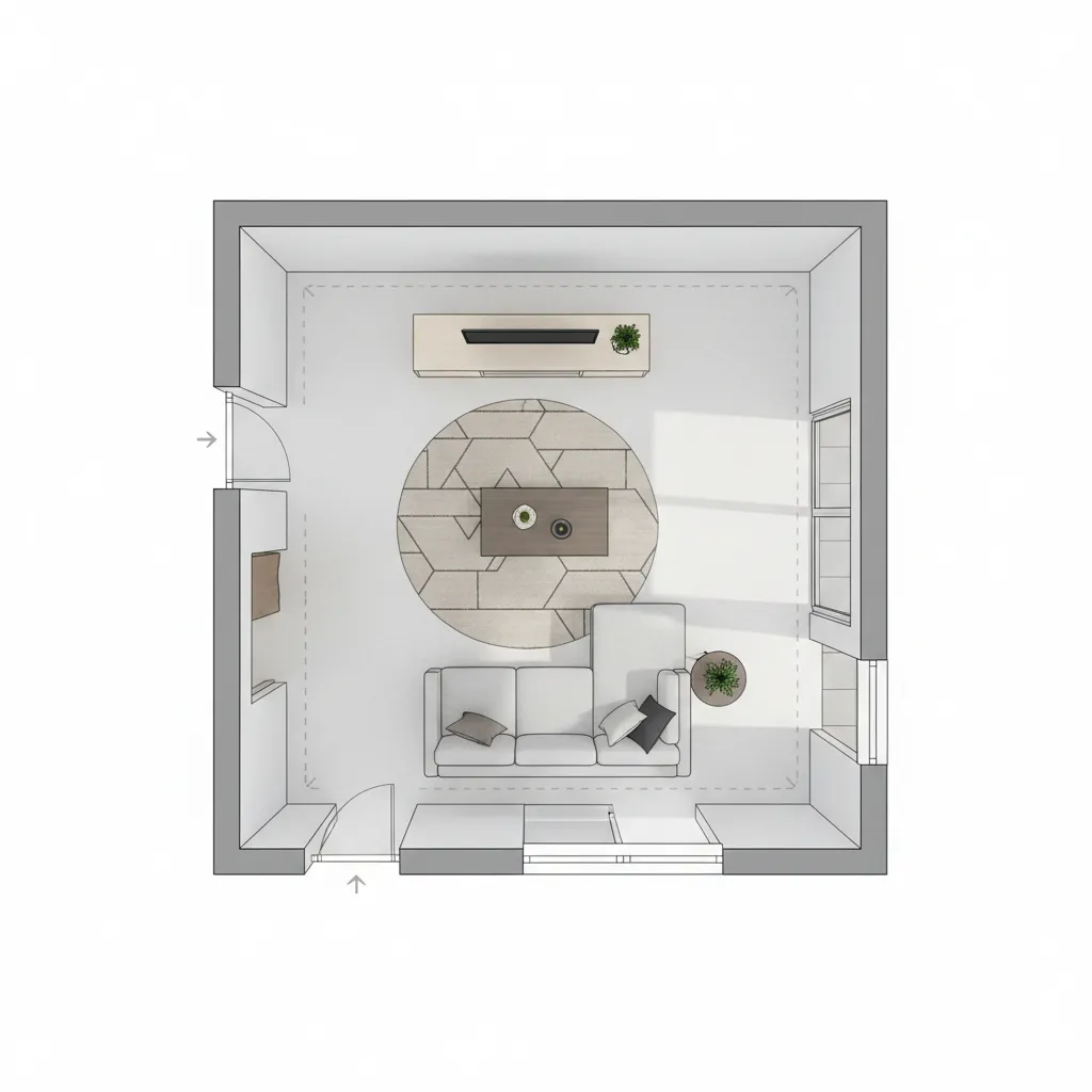 Living room floor plan showing circulation paths and furniture layout