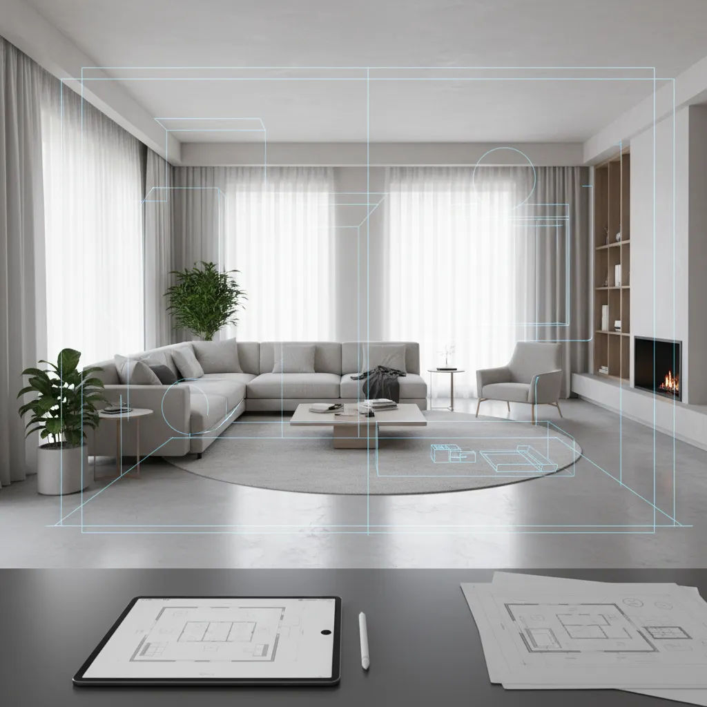 Interior designer planning living room furniture layout using digital floor plan