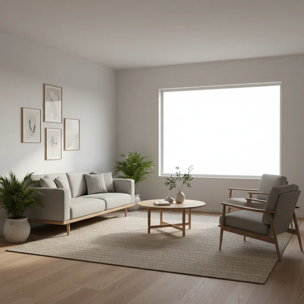 Designer style living room showing balanced furniture placement around a central rug