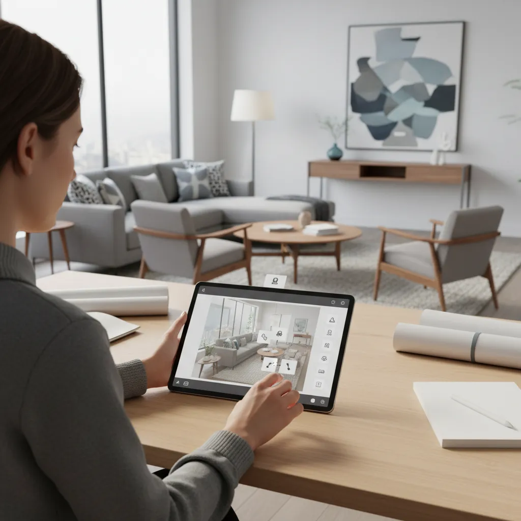 Designer adjusting furniture layout on a digital floor plan tablet