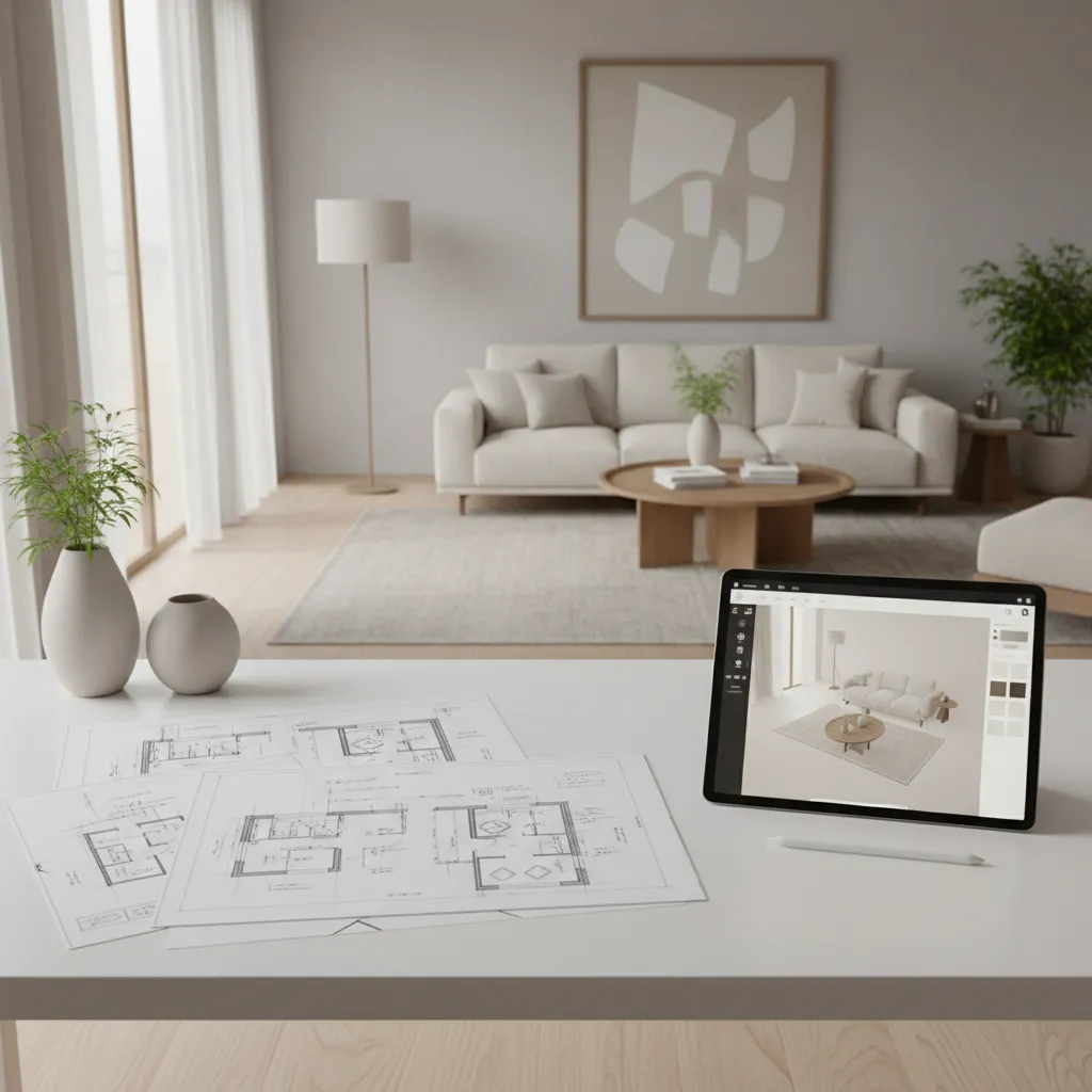 designer planning living room layout with floor plan sketches
