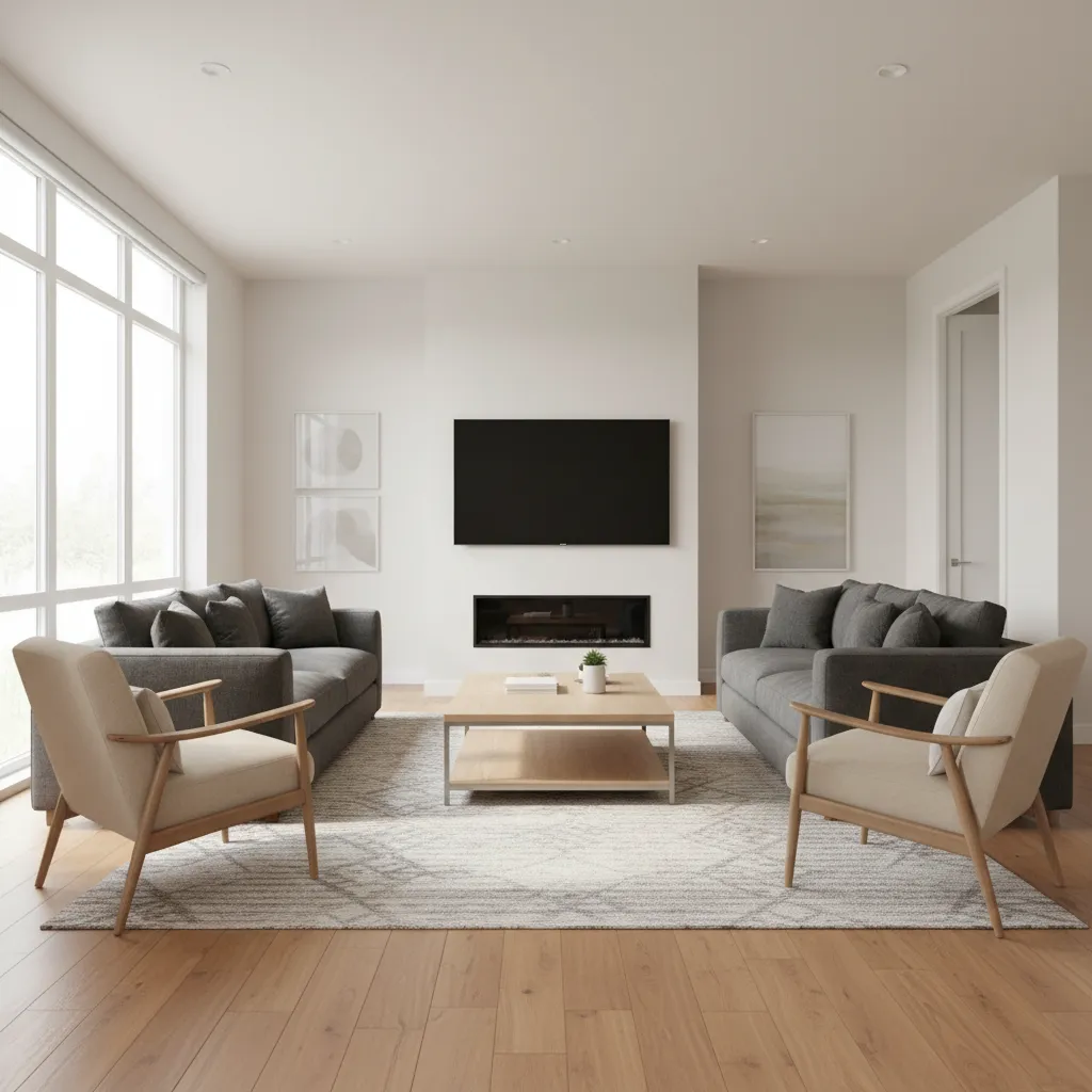 living room furniture layout planning with sofa chairs and coffee table arranged around focal point