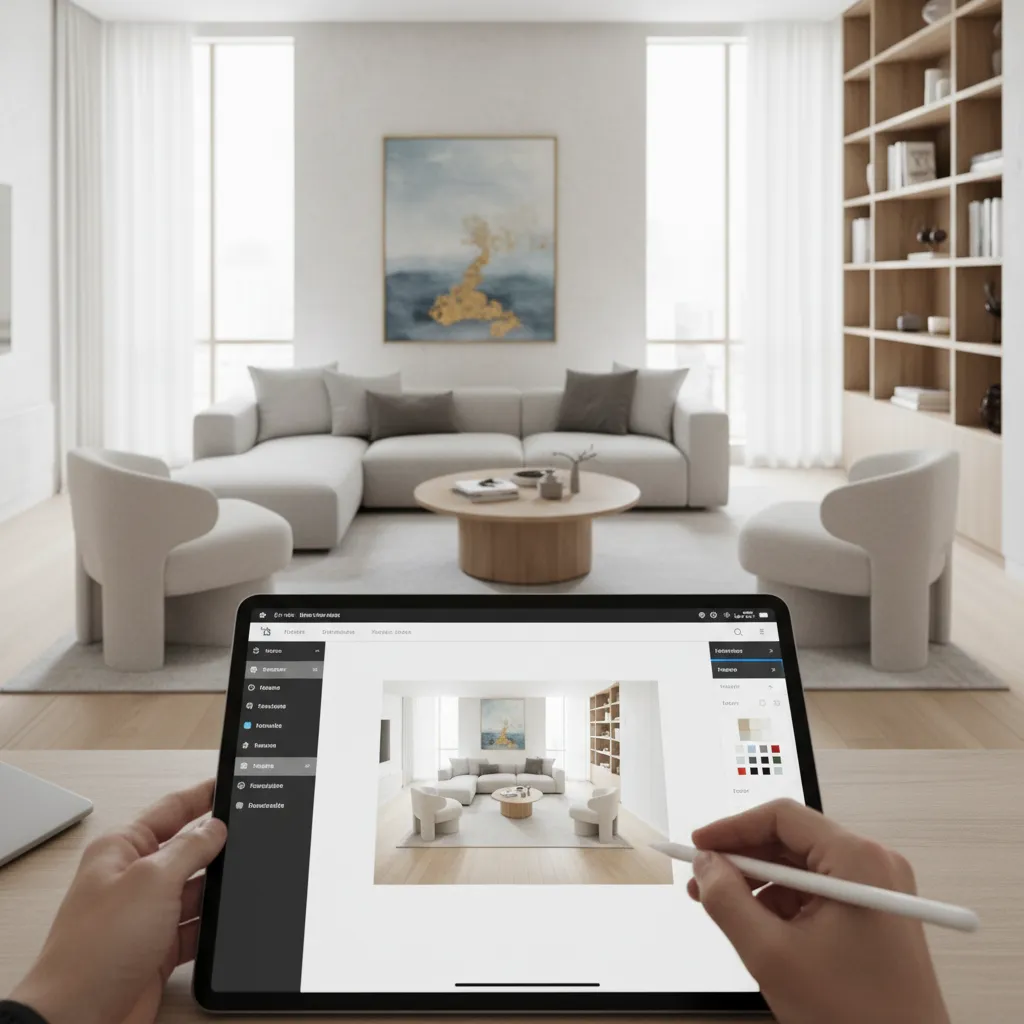 Interior designer planning living room furniture layout using digital planner