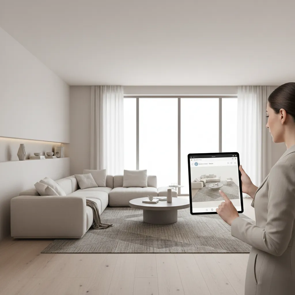 Interior designer planning living room layout using a digital planner