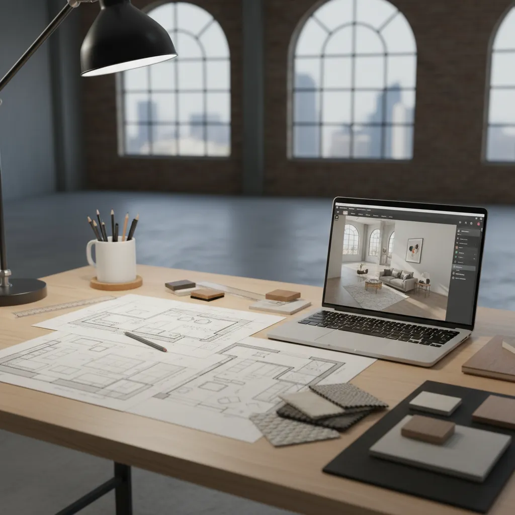 designer planning living room layout using sketches and digital room planner