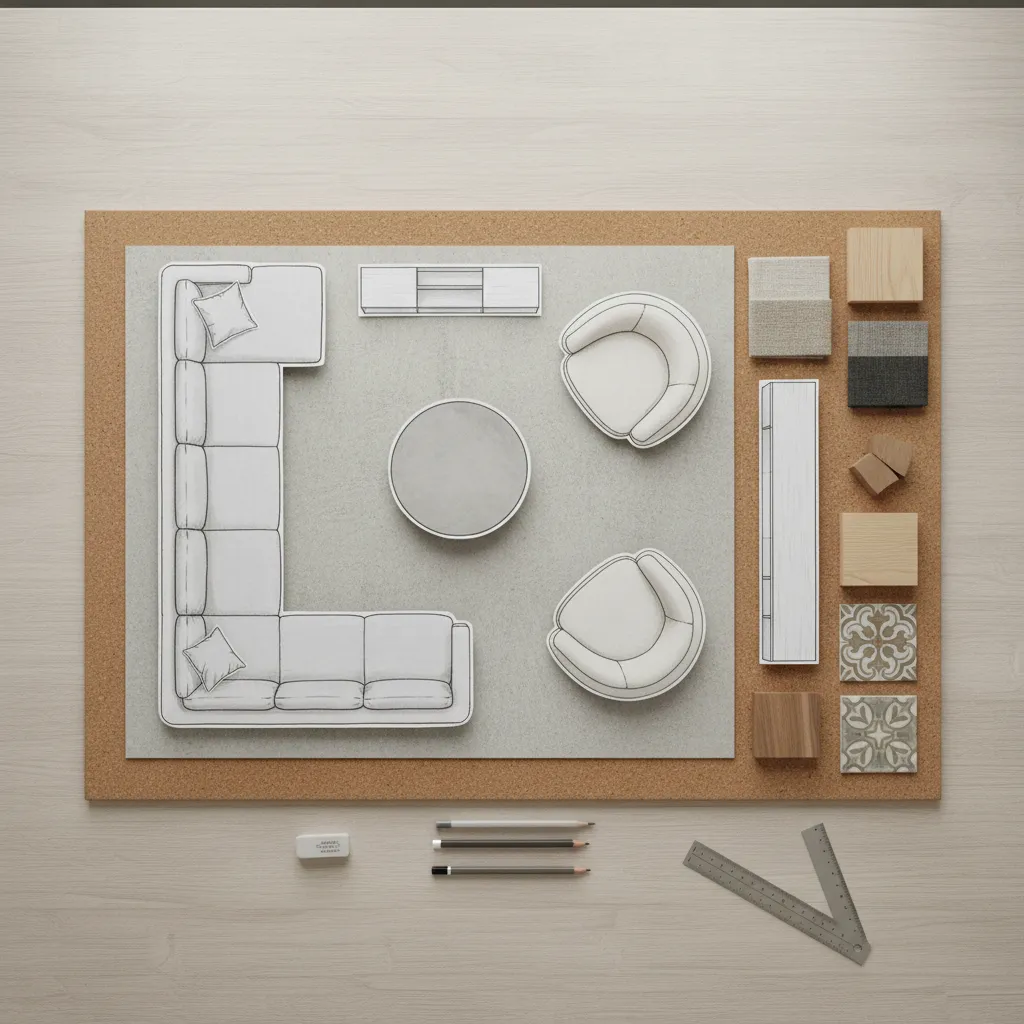 Living room furniture layout planning with scaled drawings and material samples