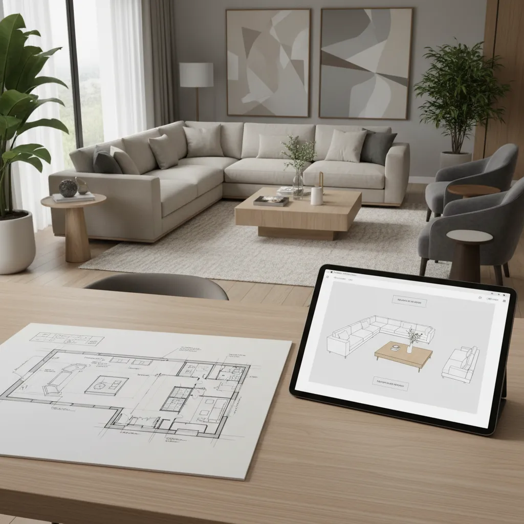 Interior designer planning a living room layout with floor plan and furniture placement
