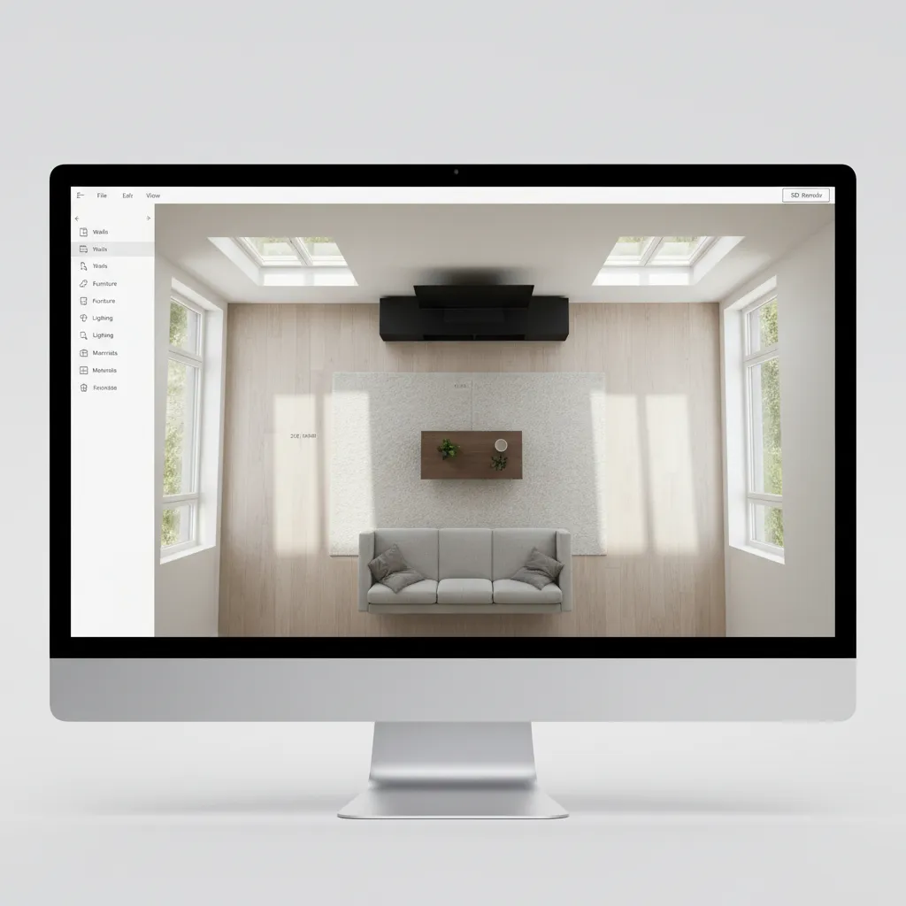 Digital living room layout created with interior design software showing furniture arrangement