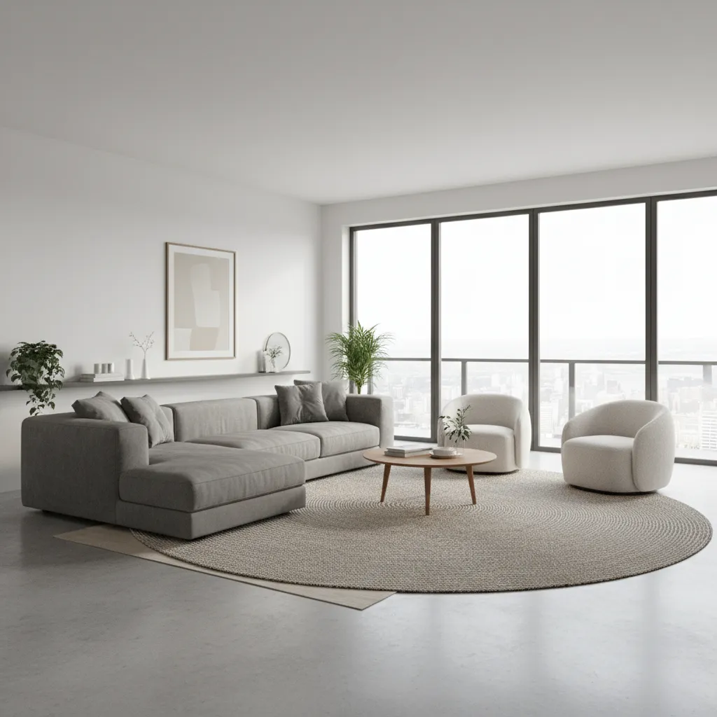 Living room layout planning scene with furniture arranged around seating zone