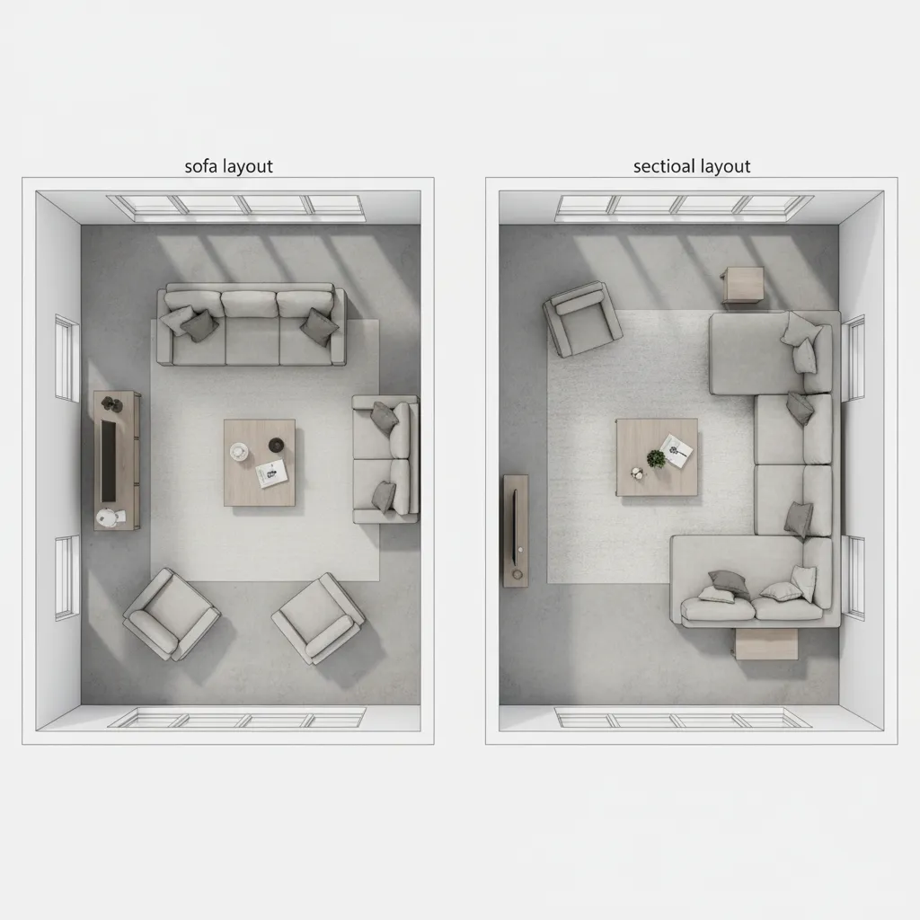 top view living room furniture layout planning with sofa and sectional options