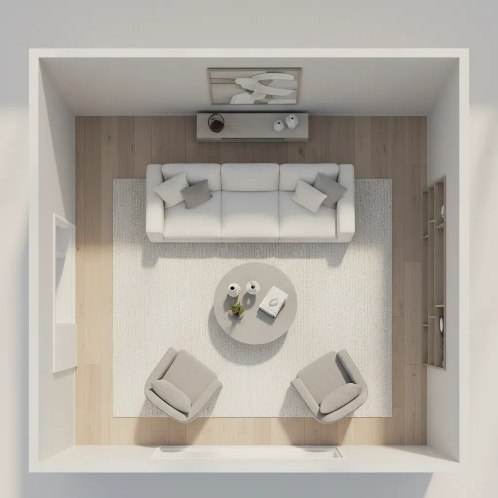 living room layout showing circulation space around furniture