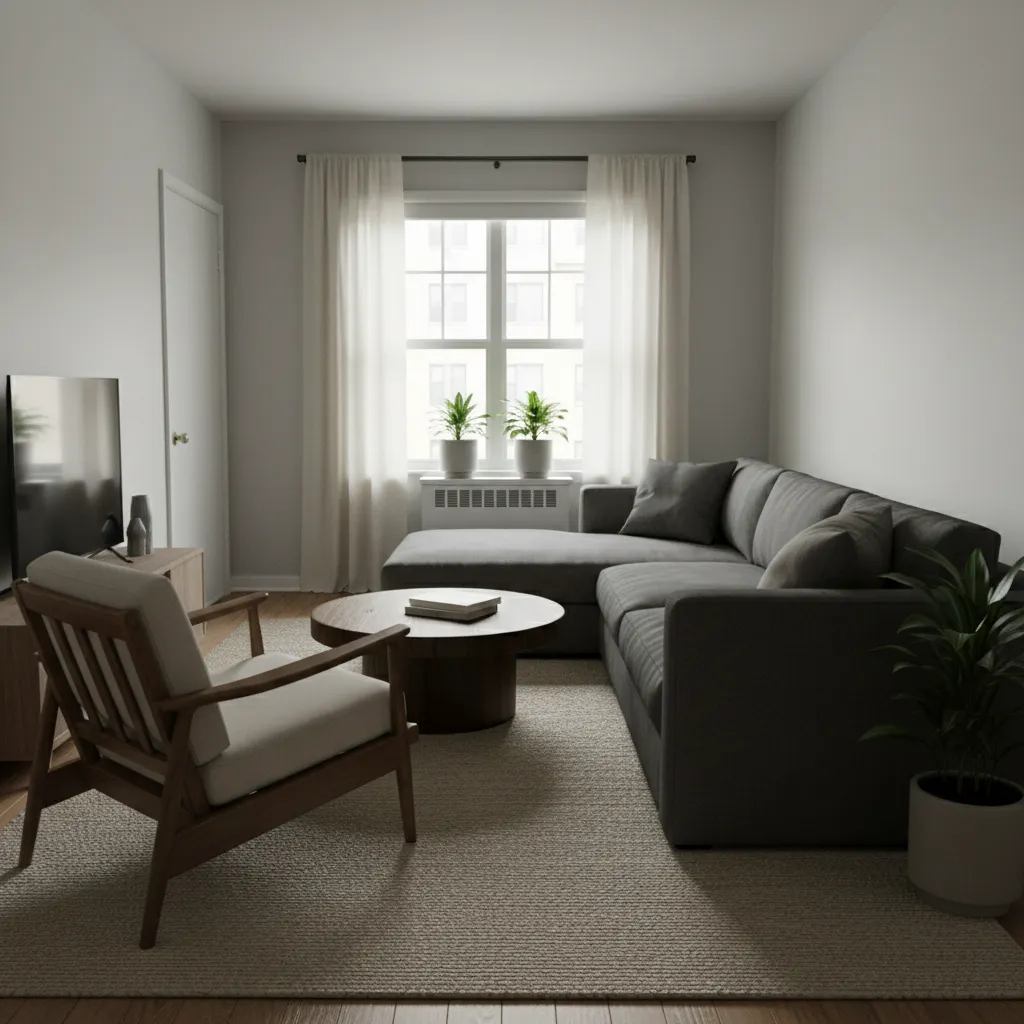 Sala de estar con mala distribución de muebles donde el sofá bloquea el paso