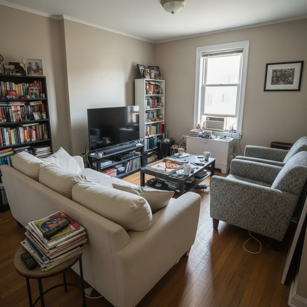 Salón con mala distribución de muebles y poco espacio de circulación