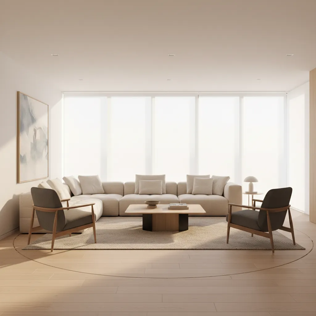 Example of a well proportioned living room with sofa chairs and open walking path
