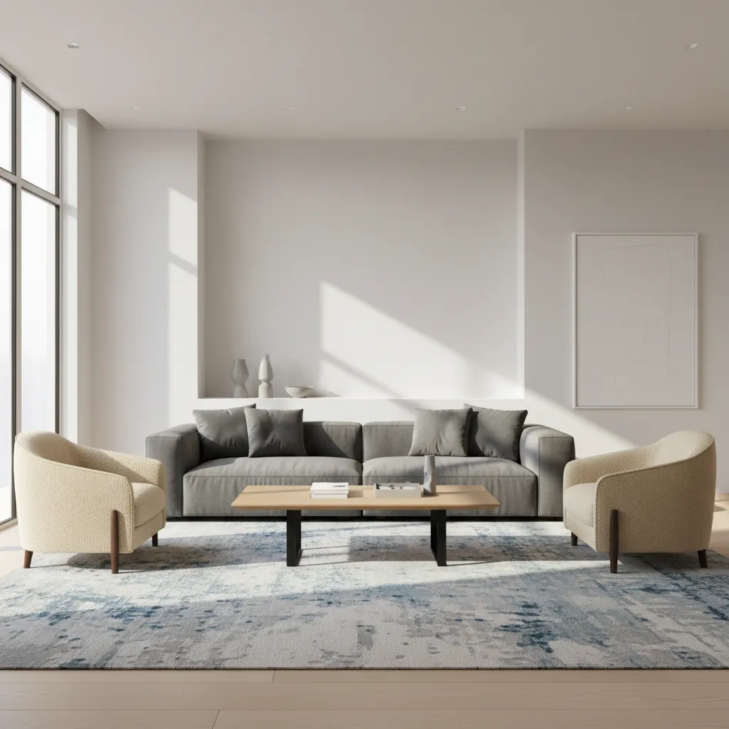 modern living room seating arrangement showing sofa chairs and rug forming a conversation area