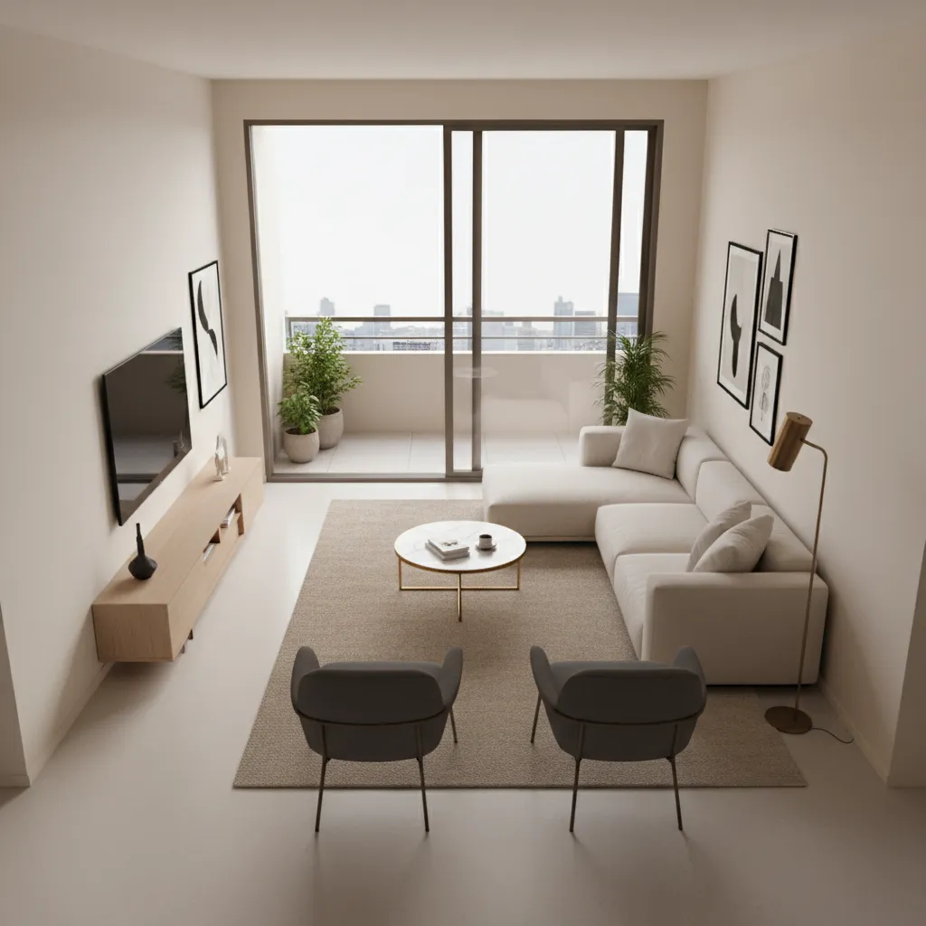 Living room layout with sofa perpendicular to sliding glass door