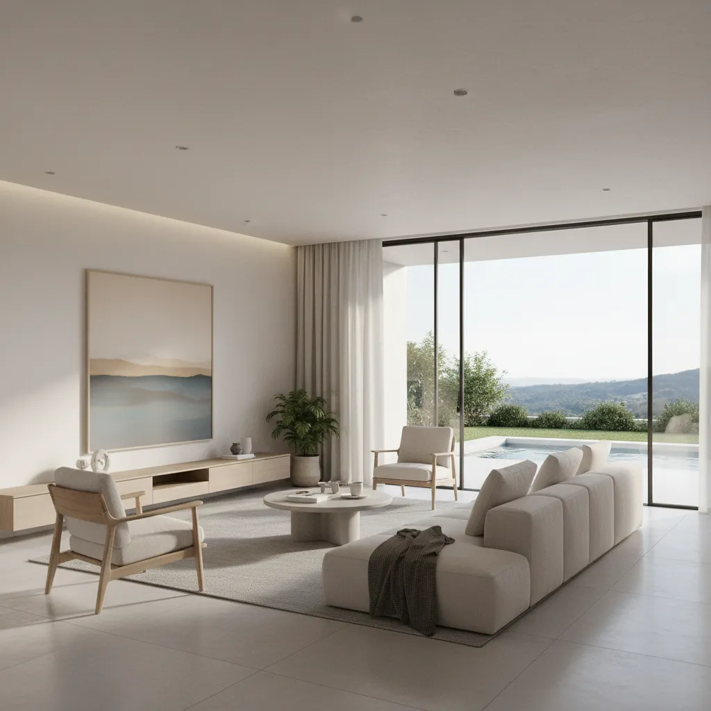 Living room layout showing furniture arranged to highlight large sliding glass doors