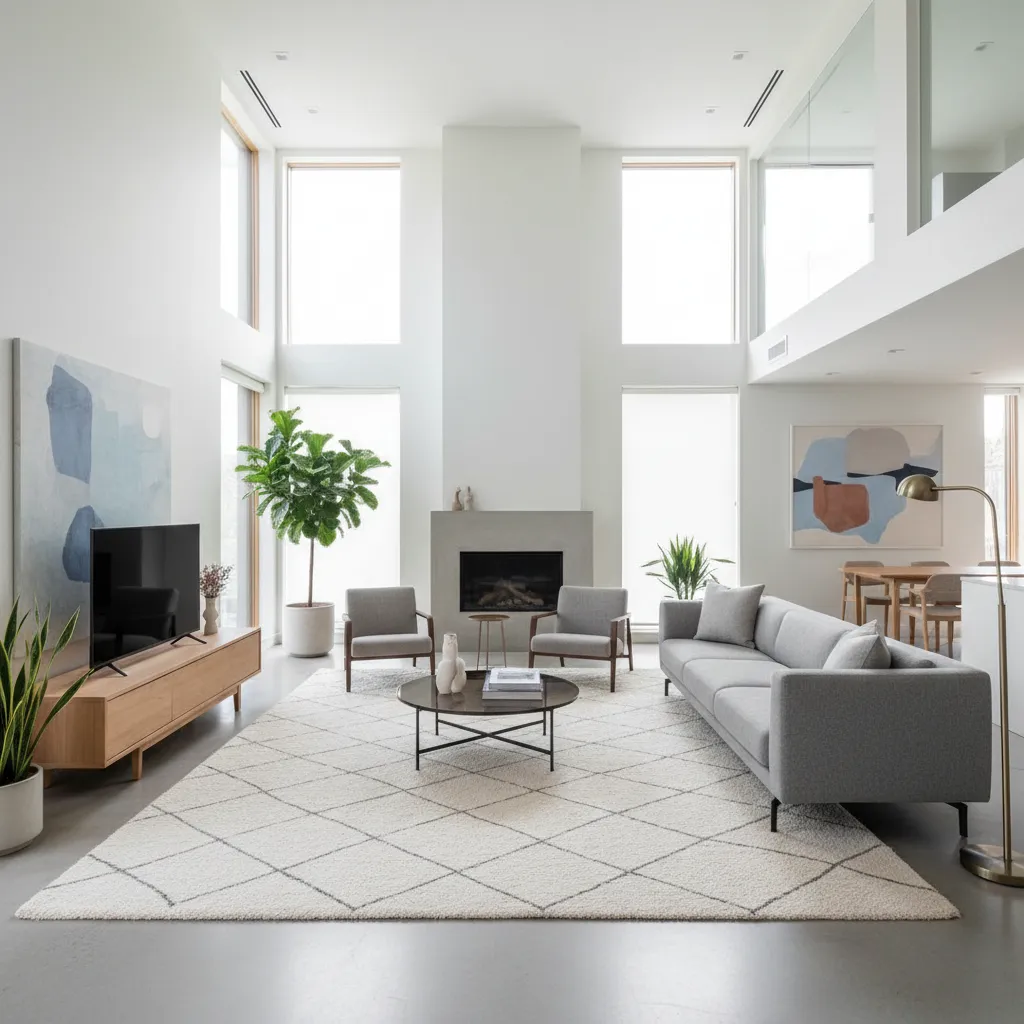 Distribución de salón moderno con sofá separado de la pared