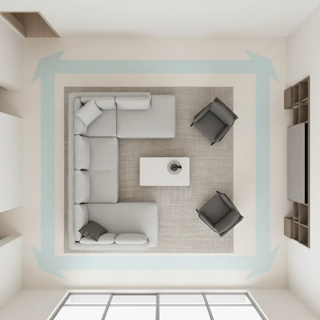Diseño de salón mostrando espacios de circulación entre muebles
