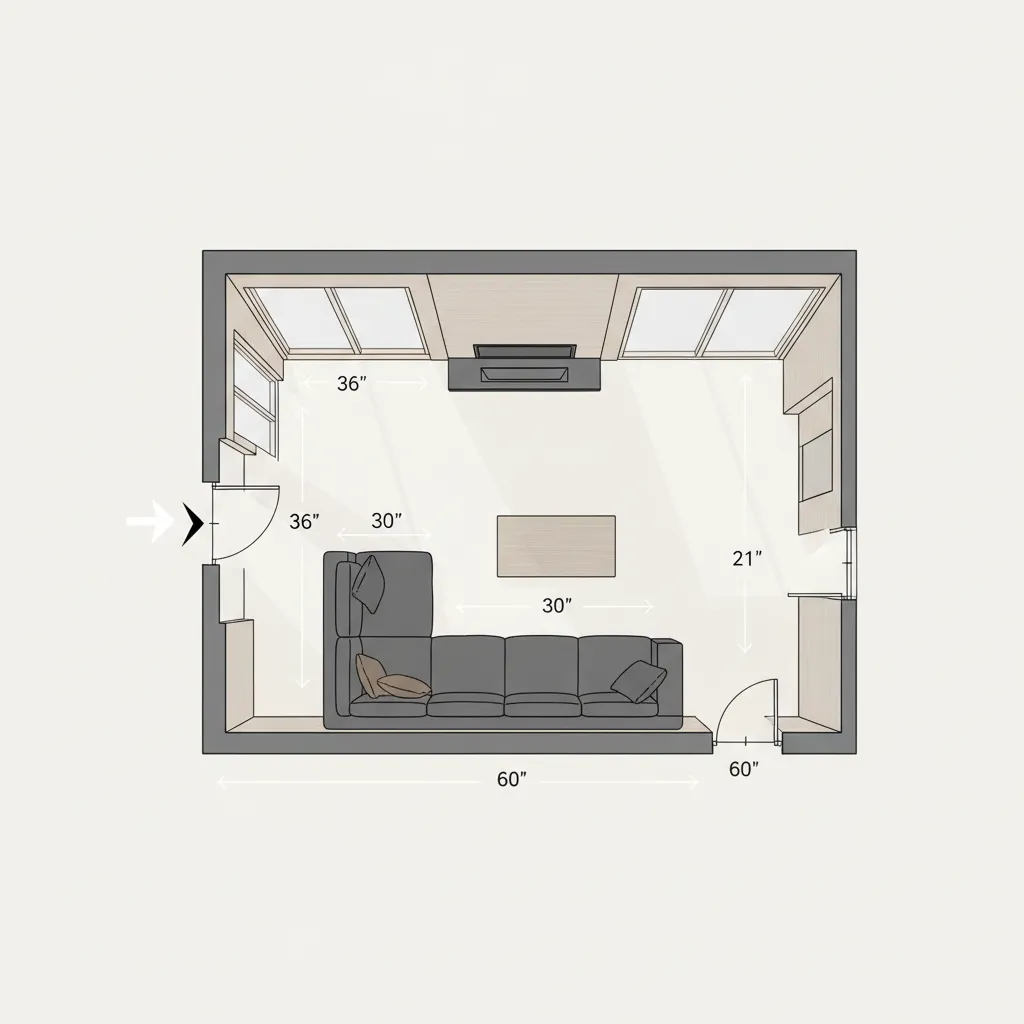living room furniture spacing and circulation path diagram