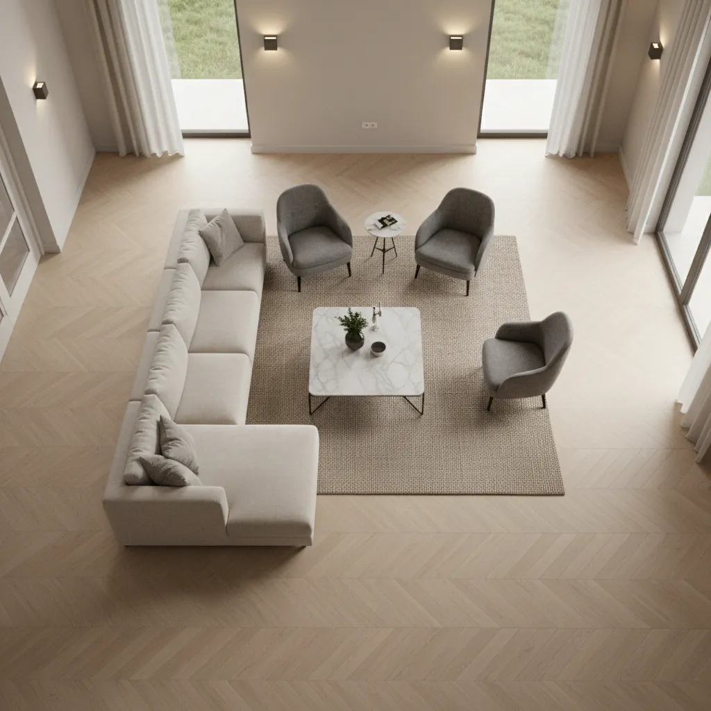 Living room floor layout showing correct spacing between sofa coffee table and walking paths