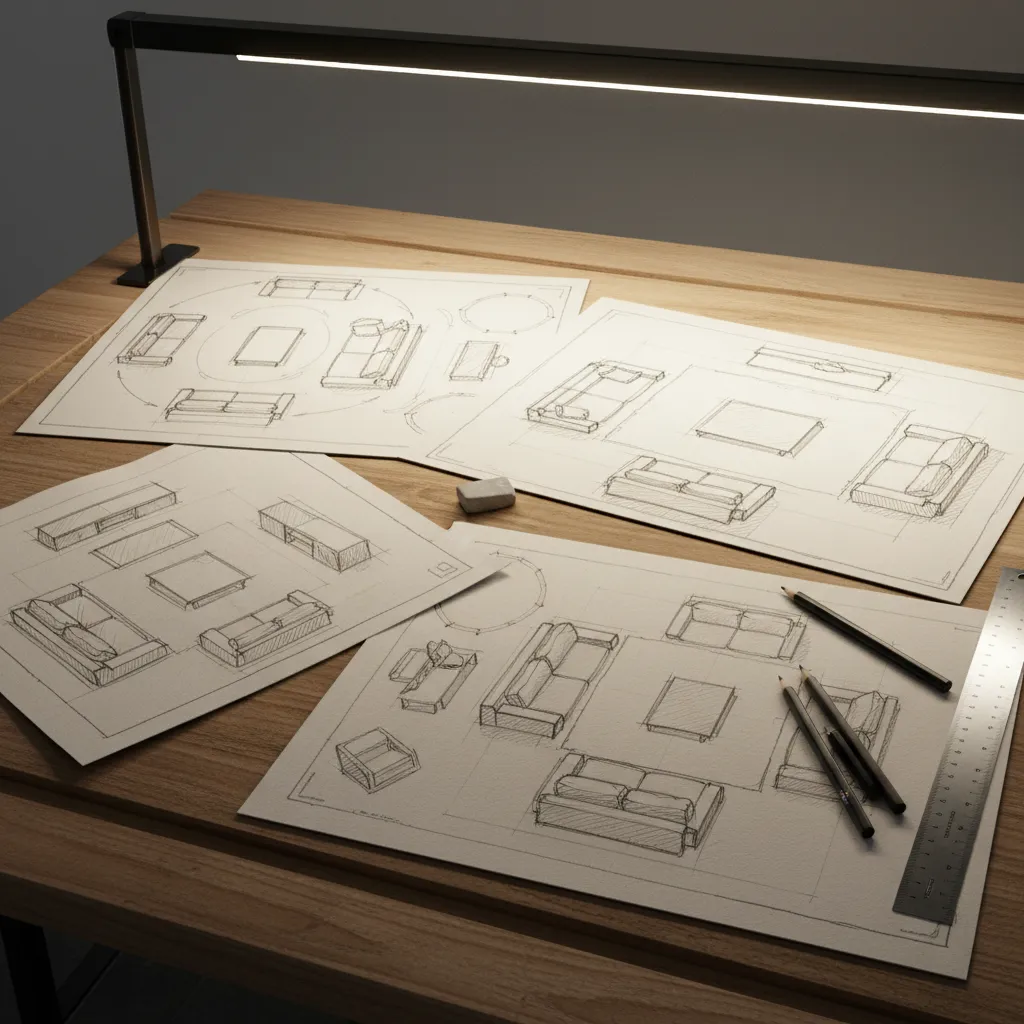 Hand drawn living room layout sketches on a wooden desk with pencils and a ruler