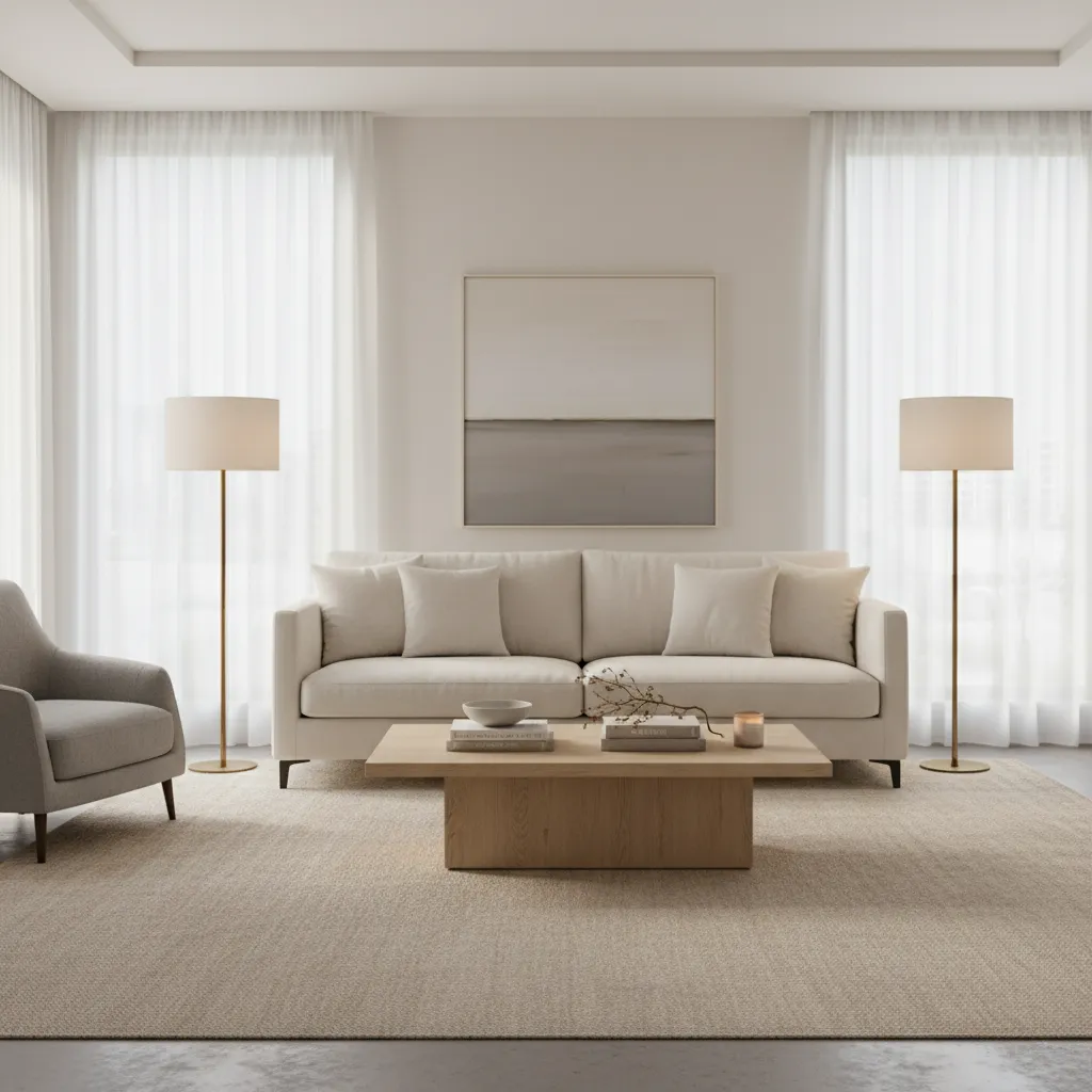 Balanced living room layout with rug lighting and symmetrical decor