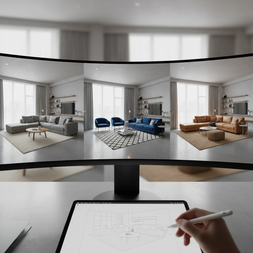 Simulación de diferentes distribuciones de muebles en un salón