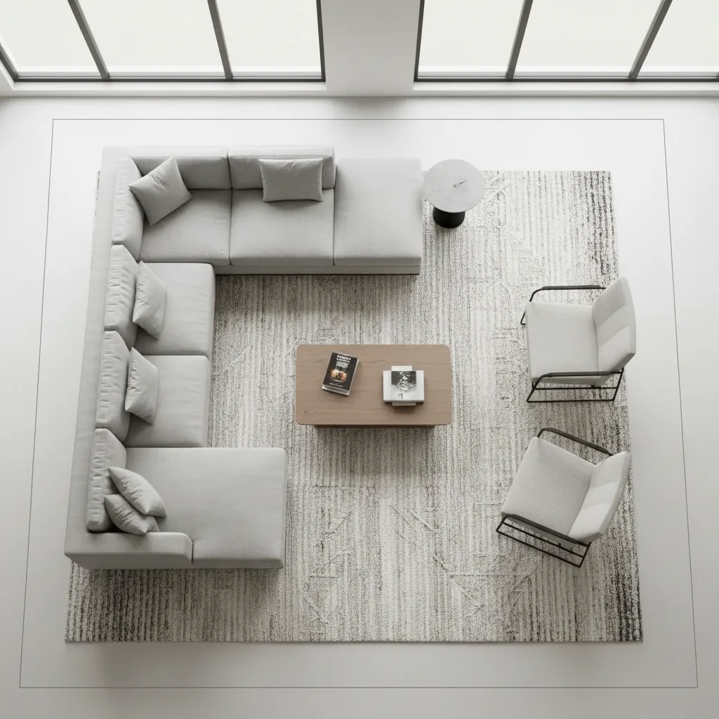 Living room furniture layout showing clear walking paths and balanced spacing