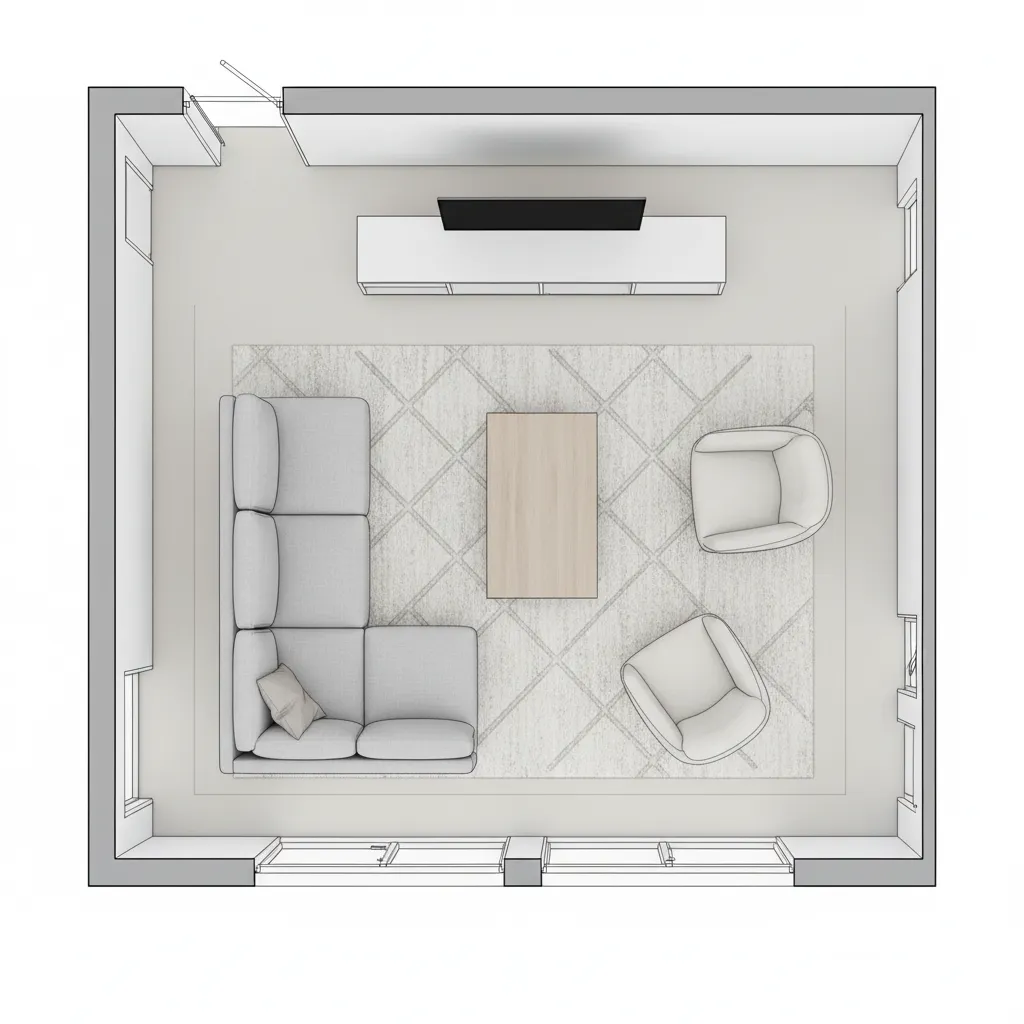 Top view living room furniture layout plan showing sofa chairs rug and circulation space