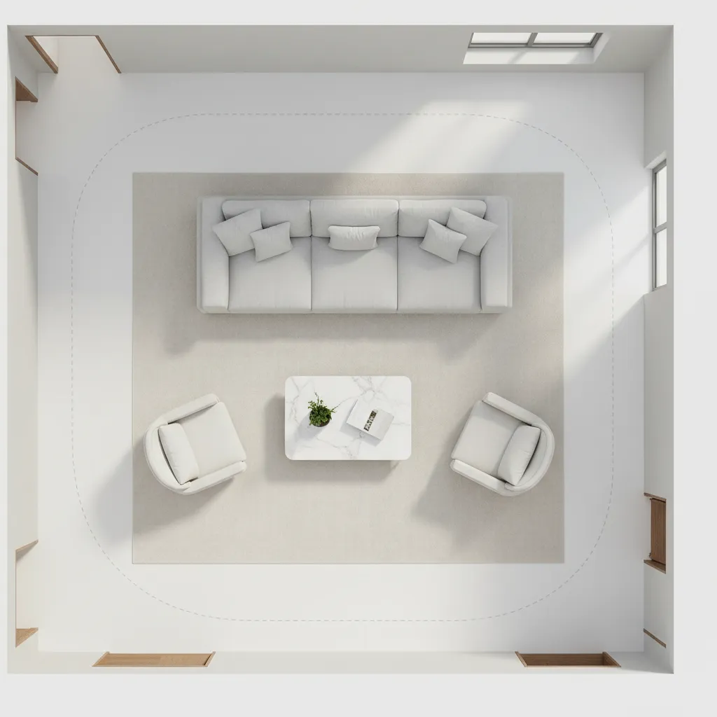 Living room layout diagram showing furniture placement and walking paths