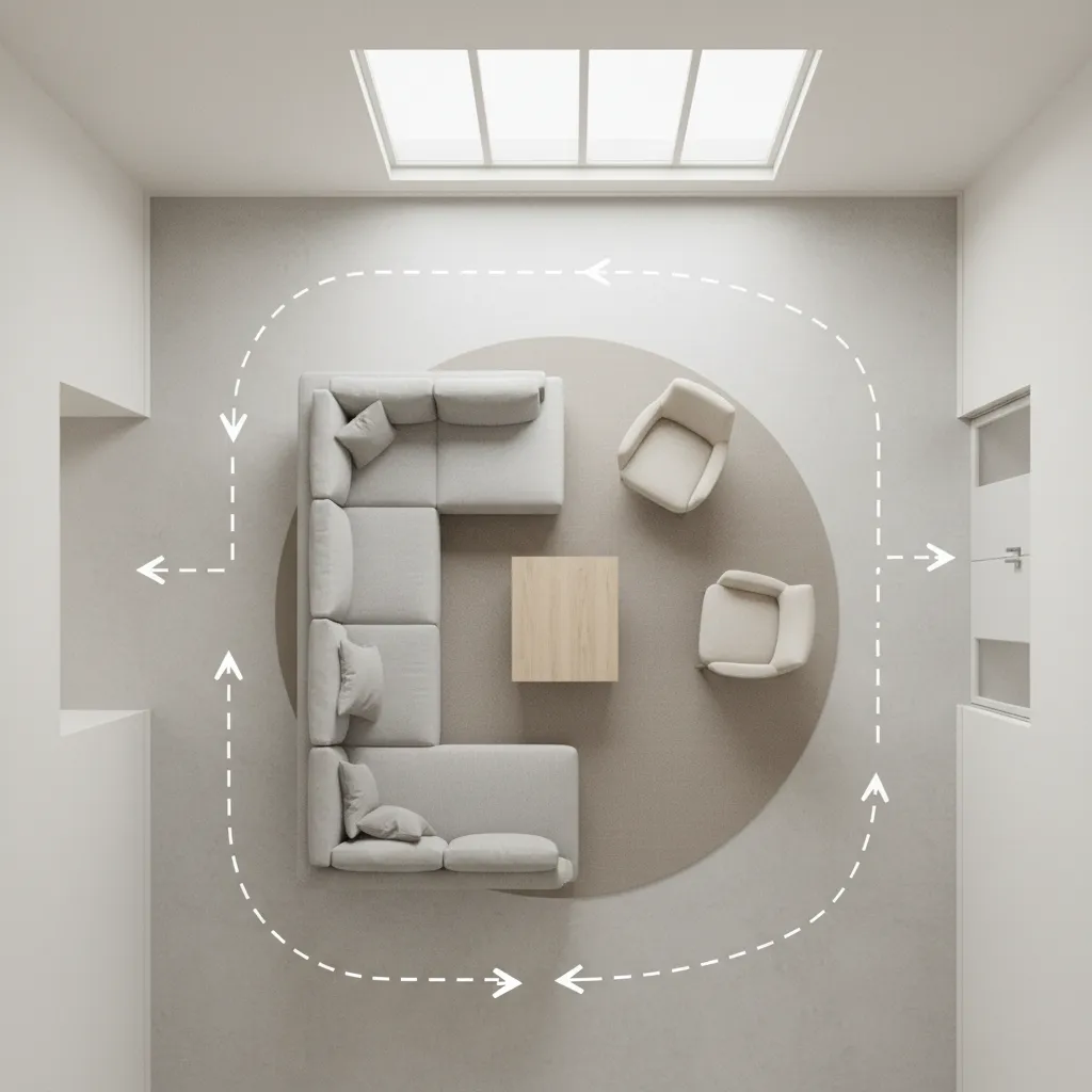 Living room floor plan diagram showing furniture layout and walking paths