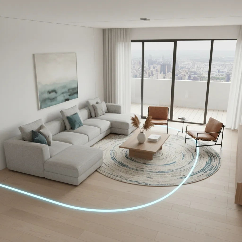 Living room layout diagram showing traffic paths to sliding glass doors