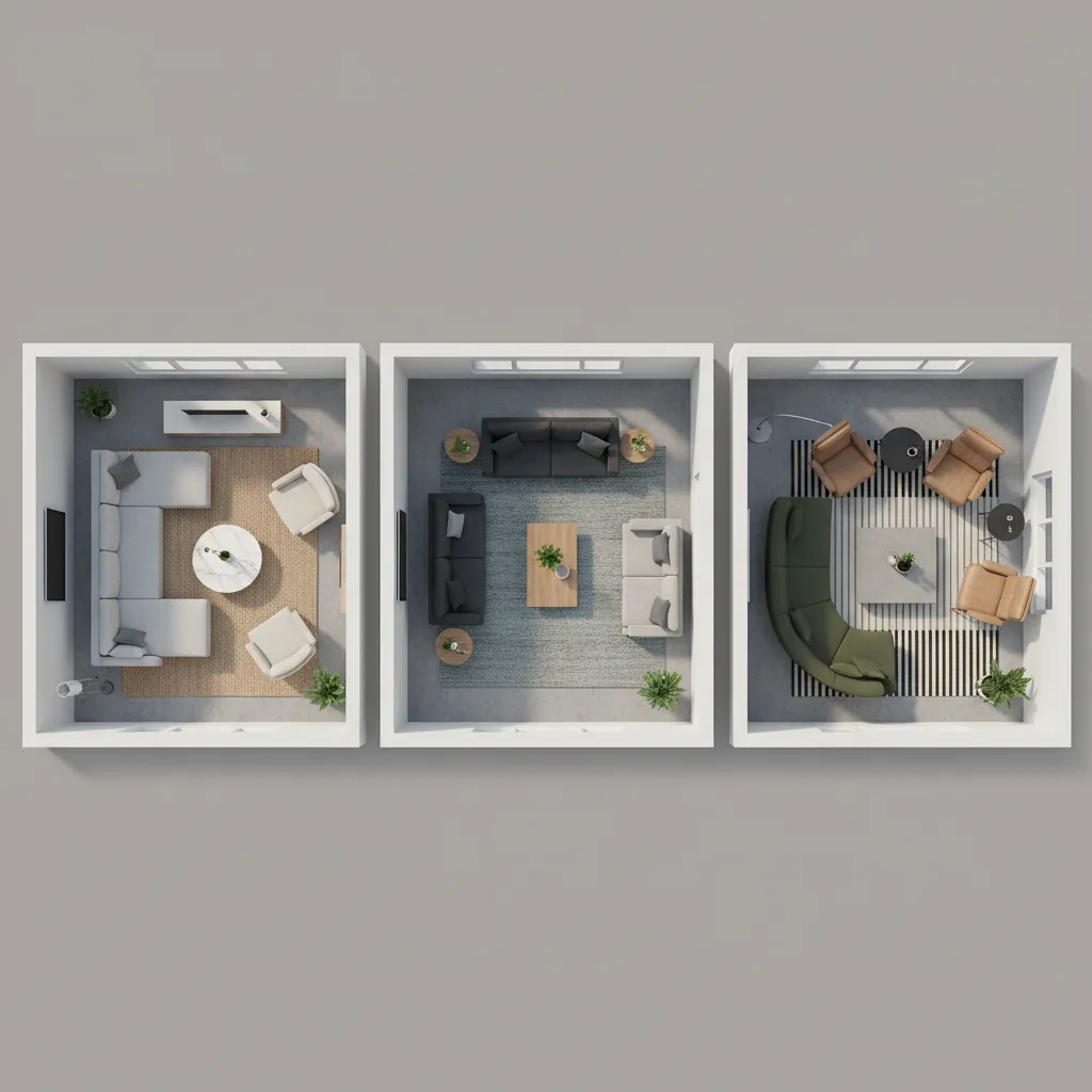 Three different living room layout variations shown in design planning
