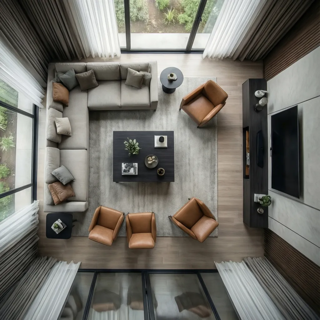Top view of living room layout with large sofa brown chairs and dark coffee table