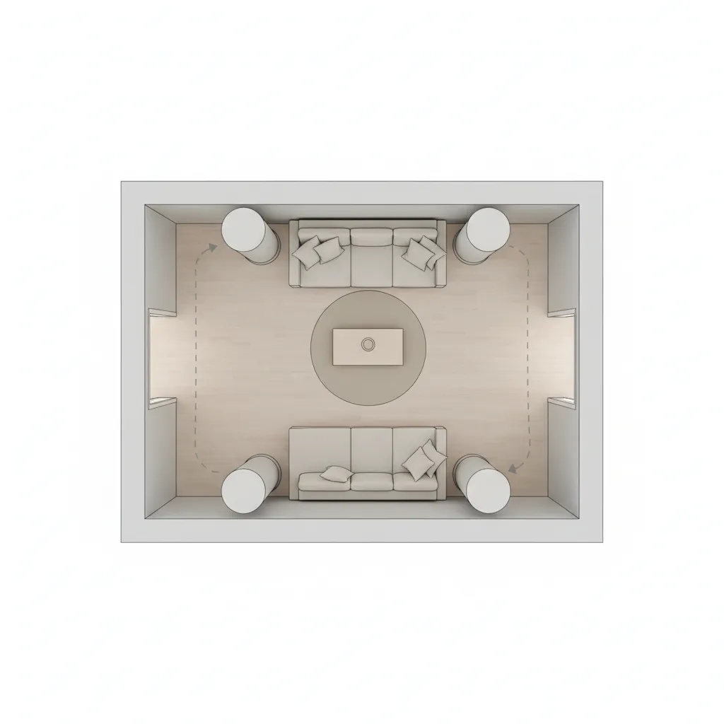 Simple floor plan showing furniture arrangement around living room pillars