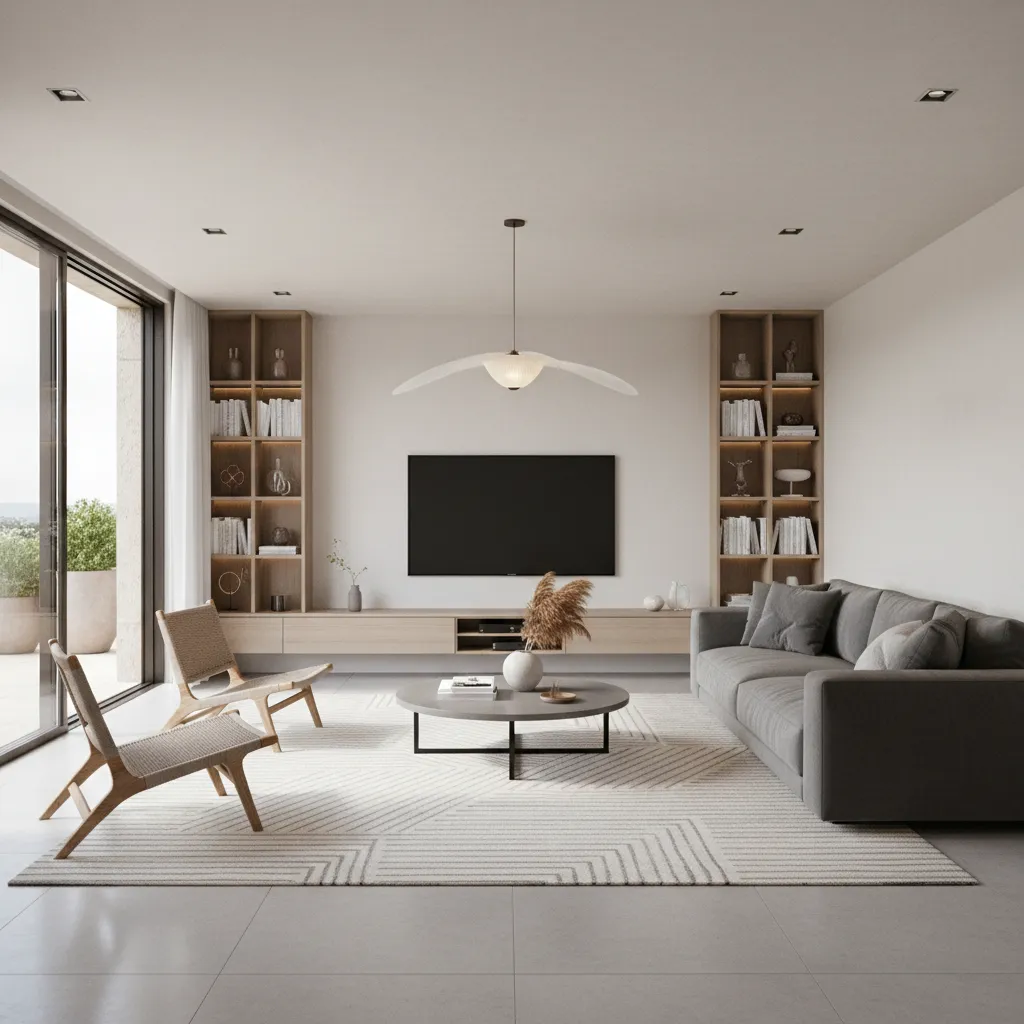 Living room layout showing sofa orientation toward sliding glass doors